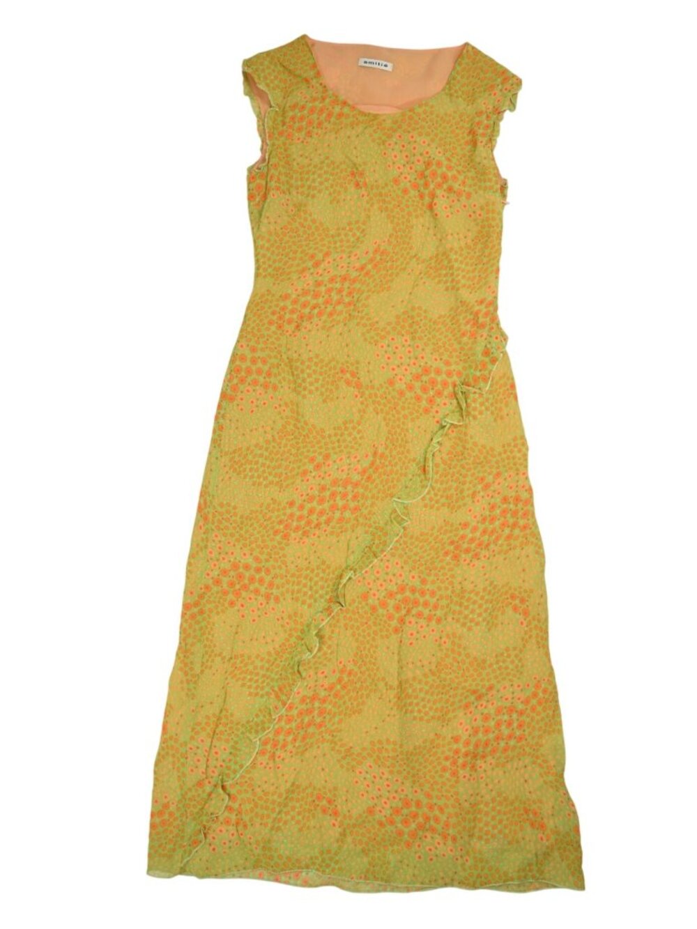 Amitie Sleeveless Ruffle Dress in Green Orange Print